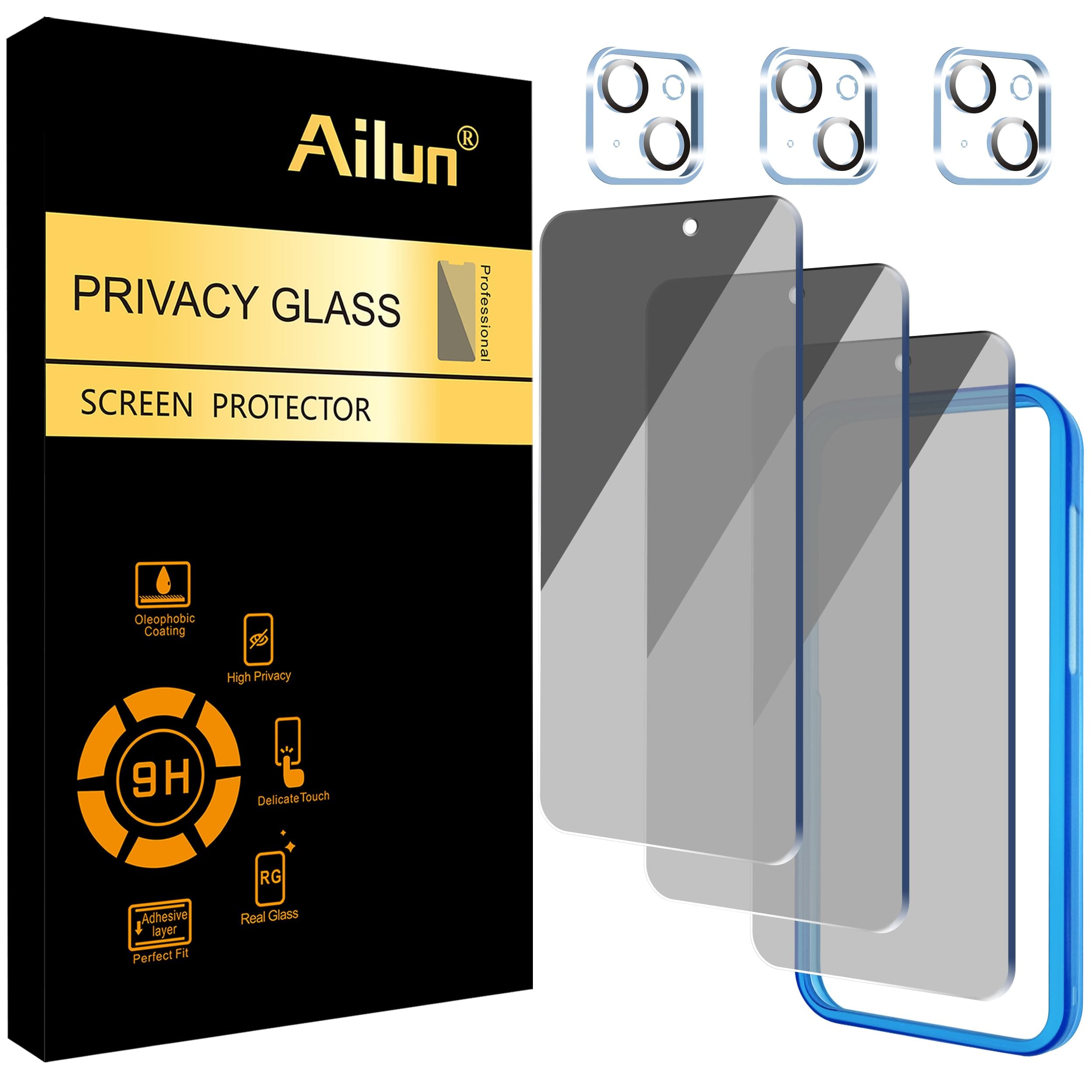 Ailun [3 Pack] Privacy Screen Protector for iPhone 15 Plus [6.7 inch] + 3 Pack Camera Lens Protector, Sensor Protector, Dynamic Island Compatible, Glass Film
