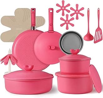 24pcs Pots and Pans Set Non Stick, Nonstick Cookware Set, Oven/Dishwasher/Fridge Safe Pots and Pans, RV Safe Cookware, Induction Kitchen Gift Set Detachable Handle, Pink