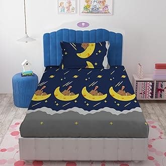 DECOMIZER Cotton Wrinkle Free Soft Hypoallergenic Bed Sheet | Cartoon Printed Single Bedsheet For Kids With One Pillow Cover (60X90 Inches/Teddy Moon), 300 TC, Dark Blue