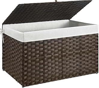 GREENSTELL Storage Basket with Lid, 42.3 Gallon(160L) Lagre Wicker Blanket Storage Basket with Handles, Foldable, 2 Removable Liner Bags, Metal Frame, for Bedroom, Laundry Room, Brown, 30"*18.1"*18.1"