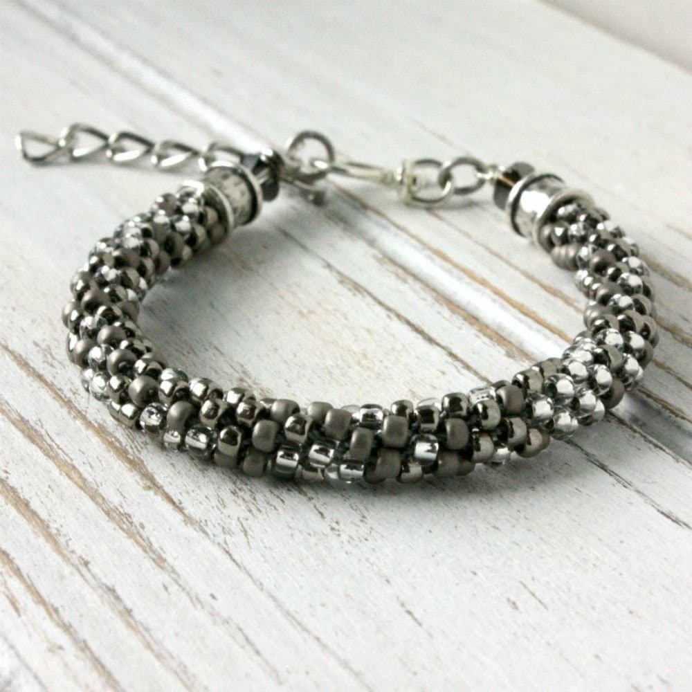 Chrome SIlver Beaded Kumihimo Bracelet