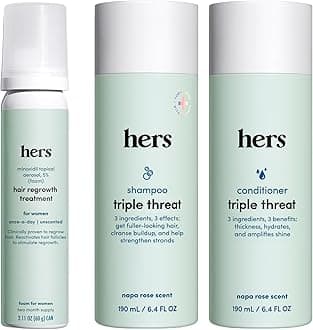 hers Triple Threat Shampoo, Conditioner, & Minoxidil Set - Includes 5% Minoxidil Foam Solution - Hair Thickening & Strengthening Formula - Paraben-Free, Vegan, Color-Safe - 3 Count