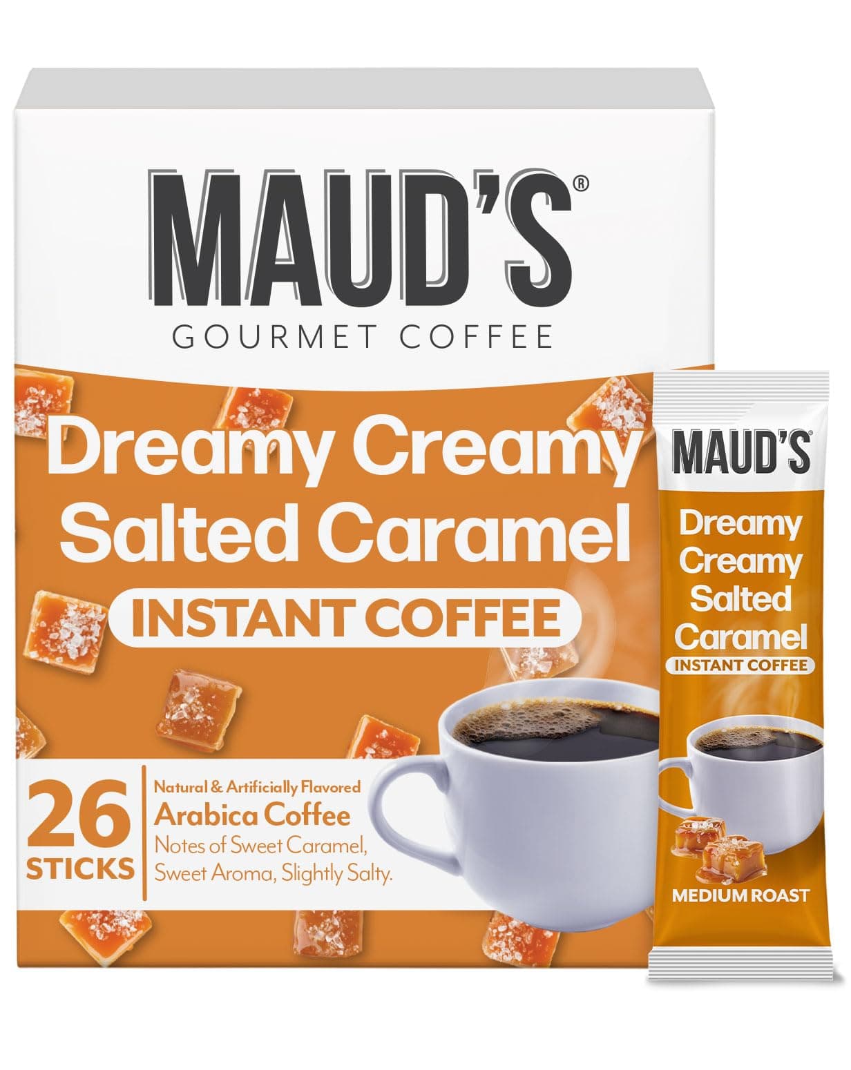 Salted Caramel Favored Instant Coffee, 26 ct, 100% Arabica Coffee, Medium Roast, Instant Hot or Iced Coffee - Just add water