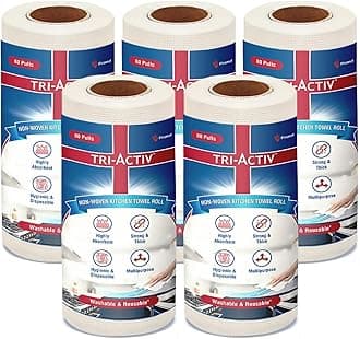 Tri-Activ Washable & Reusable Kitchen Towel Roll | 80 Pulls per Roll, 400 Sheets Pack of 5 | Highly Absorbent Kitchen Tissue Roll | Non Woven Fabric | Better alternative to Paper Tissue Roll | White