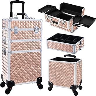 FRENESSA 3 in 1 Rolling Makeup Train Case Professional Cosmetic Trolley Large Storage for Beauticians, Hairstylists, Nail Tech Students with Swivel Wheels Salon Barber Case Traveling Cart Trunk, Rose
