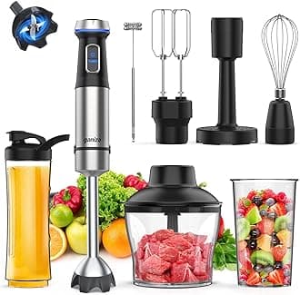 Immersion Blender Handheld Corded 8 in 1 Hand Blender Max 1000W 16 Speed Mode Stick Emulsifier with 800ml Mixing Beaker, 600ml Chopper, Whisk, Frother, Potato Masher and Portable Bottle