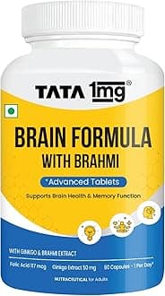 Tata 1mg Brain Formula With Vitamin B Complex, L-Tyrosine, L-Theanine, Brahmi, Ginkgo And Pine Bark Extract Capsule Helps In Improving Memory And Concentration For Unisex (Pack Of 60 Capsules)