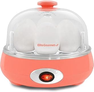 Elite Gourmet EGC007C Rapid Egg Cooker, 7 Easy-To-Peel, Hard, Medium, Soft Boiled Eggs, Poacher, Omelet Maker, Auto Shut-Off, Alarm, 16-Recipe Booklet, Coral