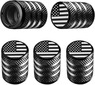 DECURCAR Tire Valve Stem Cap Cover - (5 Pack) Tire Air Cap Metal with Plastic Liner Corrosion Resistant Leak-Proof American Flag for Car Truck Motorcycle Bike Black