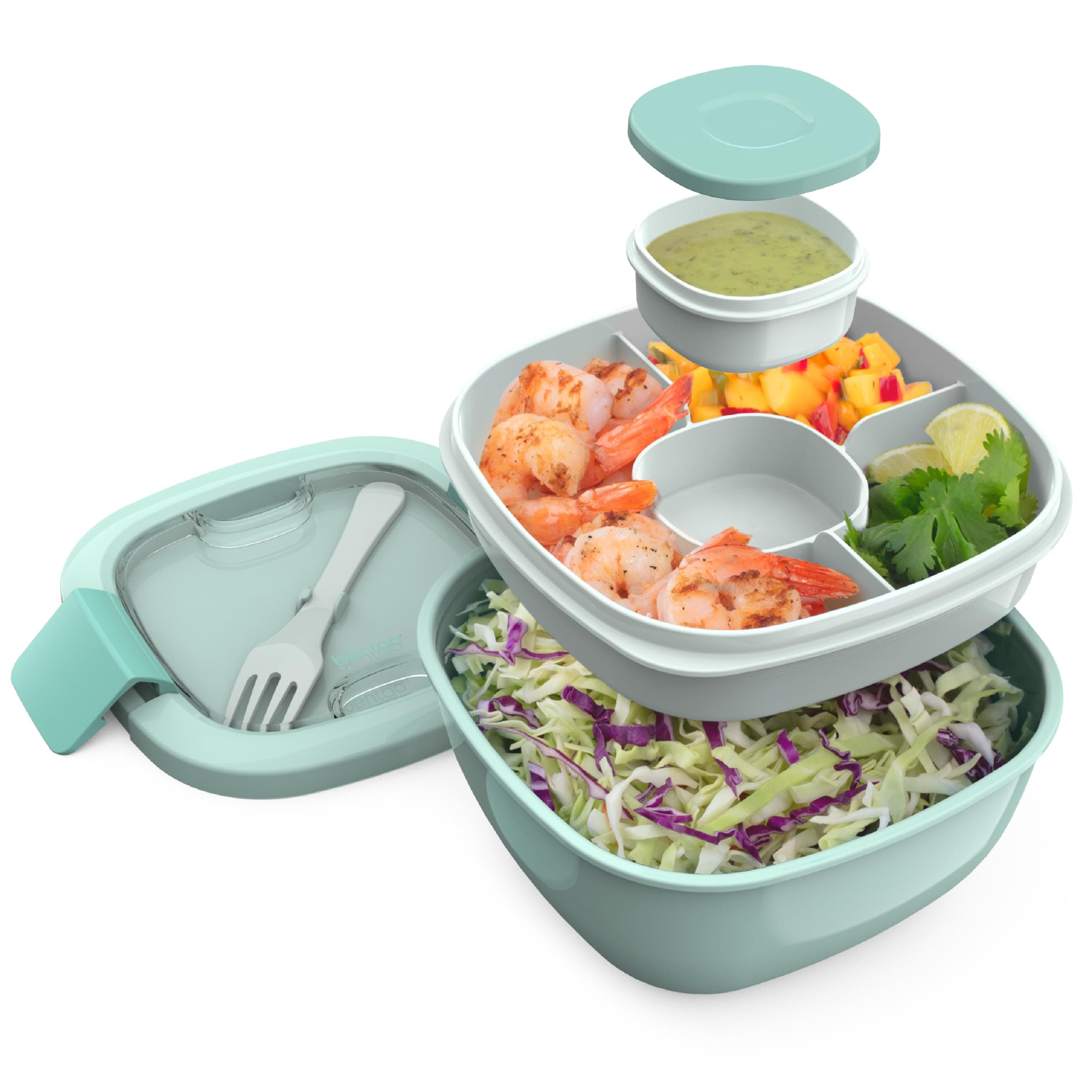 Bentgo® Salad - Stackable Lunch Container with Large 54-oz Salad Bowl, 4-Compartment Bento-Style Tray for Toppings, 3-oz Sauce Container for Dressings, Built-In Reusable Fork & BPA-Free (Coastal Aqua)