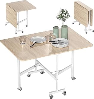 HOMCOM Drop Leaf Table, Folding Dining Table with Metal Frame, Rolling Kitchen Dining Table for Small Spaces, 120cm, Nature Wood Finish