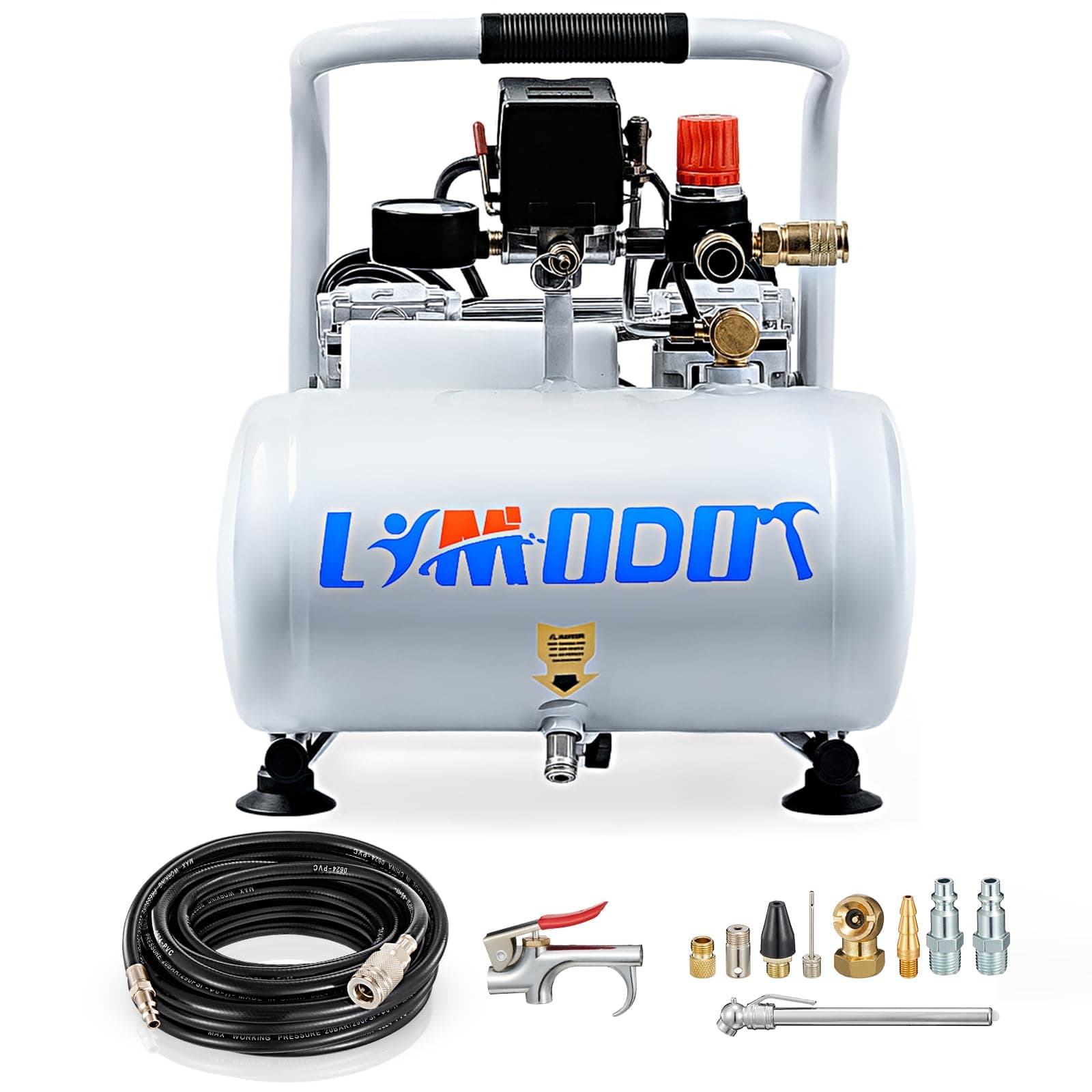 Ultra Quiet Air Compressor, Only 60dB, 1 Gallon Steel Tank, Oil-Free, Electric Air Compressor Perfect for Woodwork Nailing, Garage, Car, Pneumatic Tool, Includes 25 Ft. Air Hose Kit