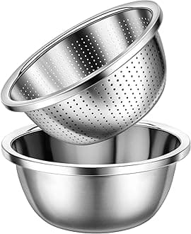 Colander 304 Stainless Steel 5-quart with Mixing Bowls, Strainer for Kitchen Food For washing vegetables, fruit, rice, Dishwasher Safe. (2PC)