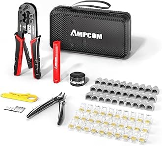 AMPCOM Ethernet Crimping Tool Kit 7-in-1 RJ45/RJ11 Network Tool Kit for 30pcs Cat6/Cat5e/Cat5 RJ45 Connectors and Boots with Wire Stripper in Portable Waterproof Bag