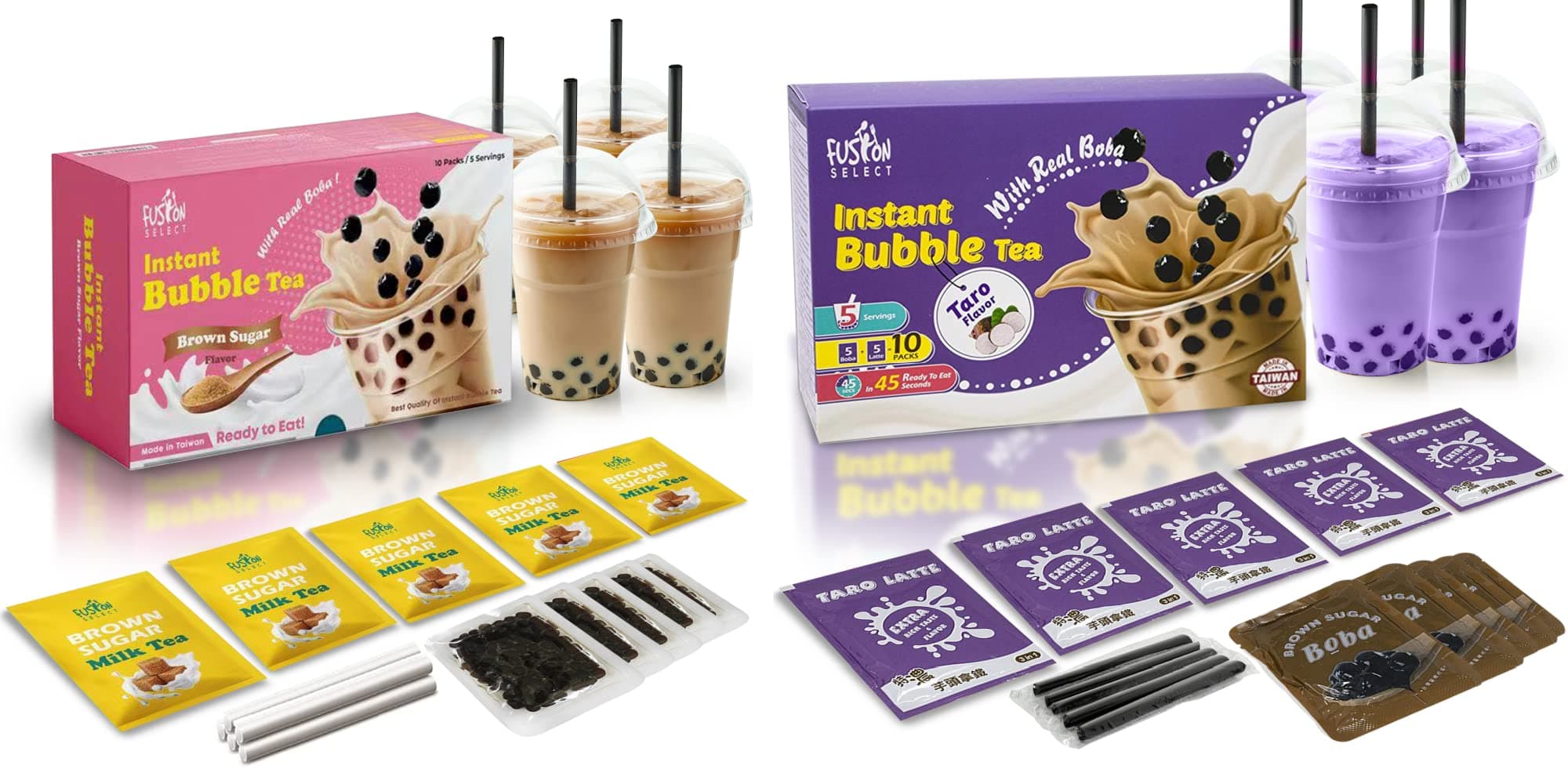Fusion Select Authentic Brown Sugar Bubble Tea Kit Extra Rich (5 Packs) Bubble Tea Drink, Boba Tapioca Pearl, Straws, Most Popular Bubble Tea Flavors (Taro Bubble Tea & Royal Black Tea, Mix Pack)