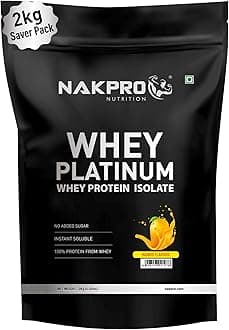 NAKPRO Platinum Whey Protein Isolate 2kg Mango | 28g Protein, 6.4g BCAA | Trustified Certified 100% Authentic Supplement Powder & No Adulteration | Low Carbs, Fast Absorbing Whey Protein Powder