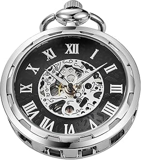 Silvery Steel Roman Numerals Pocket Watch Mechanical for Men, Antique Mechanical Pocket Watches with Chain and Box-Silvery, MW168, 时尚