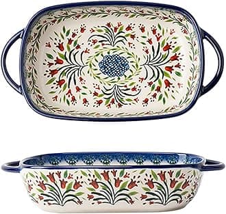 Vintage Style Tulip Flower Pattern Ceramic Bakeware Casserole Dish Baking Pan Lasagna Pans Baking Dish with Handles for Oven/Cooking/Kitchen-1 PCS-22 OZ