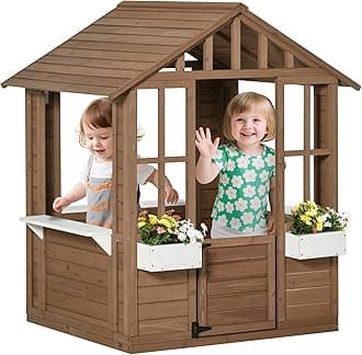 Kids Wooden Playhouse, Outdoor Garden Games Cottage, with Working Door, Windows, Flowers Pot Holder, 47" x 38" x 54"