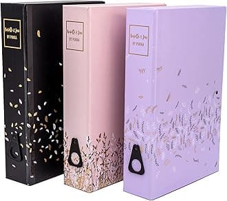 Rochelle & Jess A4 Paperboard Box Files for School and Office Document Organisation – Pack of 3 Chic Designs – Lilac, Pink, and Black with Gold Foil Detail and Contrasting Gold Interior