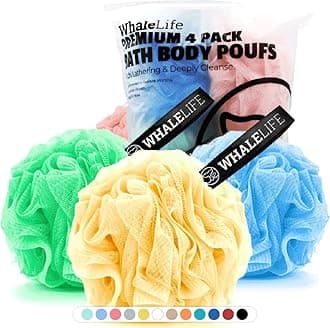 Shower Loofah Sponge Large Colorful Set 4 Pack 60g Bath Luffah Sponge Body Scrubber Mesh Pouf Ball for Men and Women by WhaleLife