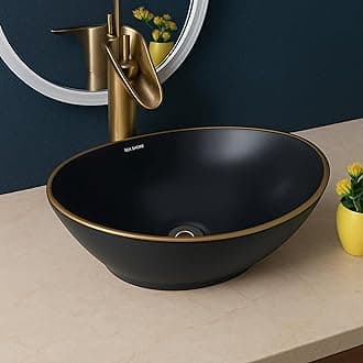 SEA SHORE Premium Ceramic Table Top Wash Basin – Over Counter Vessel Sink with Slim Rim for Bathroom, Black & Gold Border (16 x 12 x 5.5 Inch)