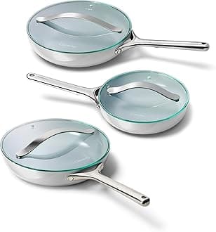 CarawayCeramic Nonstick Fry Pan Set with Glass Lids – Includes Two 10.5” Fry Pans, One 8” Fry Pan, & Three Lids - Non Toxic, PTFE & PFOA Free - Oven Safe & Compatible with All Stovetops - Gray