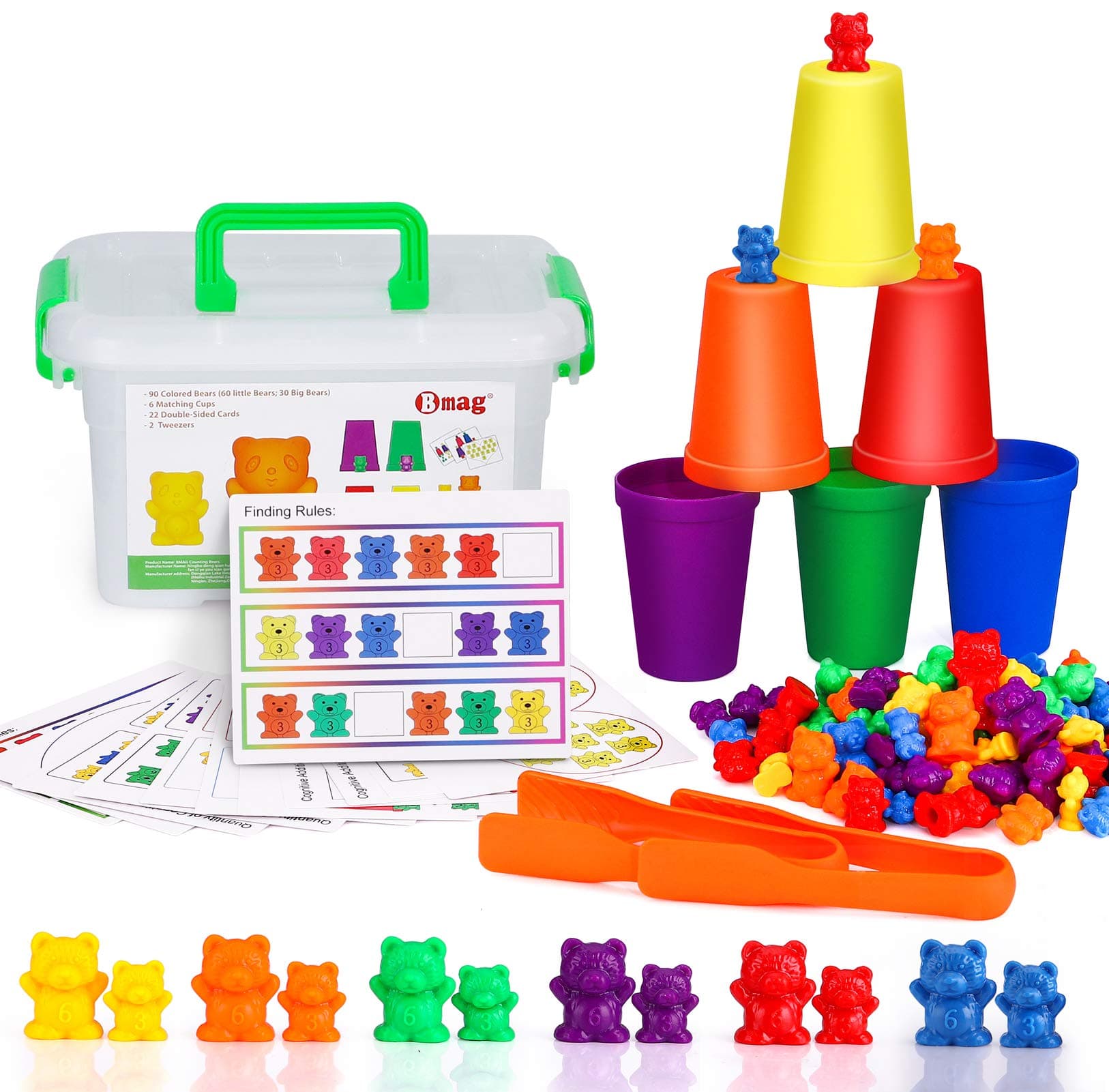 Counting Bears with Matching Sorting Cups,Number Colour Recognition STEM Educational Toy for Toddler, Pre-School Learning Toy with 90 Bears,2 Tweezers,11 Activity Cards,1 Storage Box