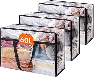 Lifewit 3 Pack Clear Clothes Storage Bags, 60L Plastic Blanket Storage Bag, Vinyl Foldable Moving Bags with Zipper, Closet Organizers and Storage Containers for Bedding, Duvet, Comforter