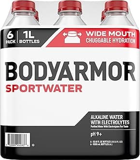 BODYARMOR Alkaline Water, Superior Hydration, High pH 9+, Electrolytes, Unflavored, 6 Pack, 1 Liter Bottles