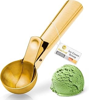 Premium Ice Cream Scoop with Trigger Ice Cream Scooper Stainless Steel, Heavy Duty Metal Icecream Scoop Spoon Dishwasher Safe, Perfect for Frozen Yogurt, Gelatos, Sundaes, Medium Gold