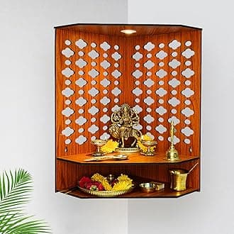 Ekhasa Wooden Pooja Mandir for Home Wall Mounted | Wooden God Temple for Home | Pooja Stand for Home | Puja Mandir for Home | Pooja Unit for Home with LED Spotlight | Corner Temple for Office