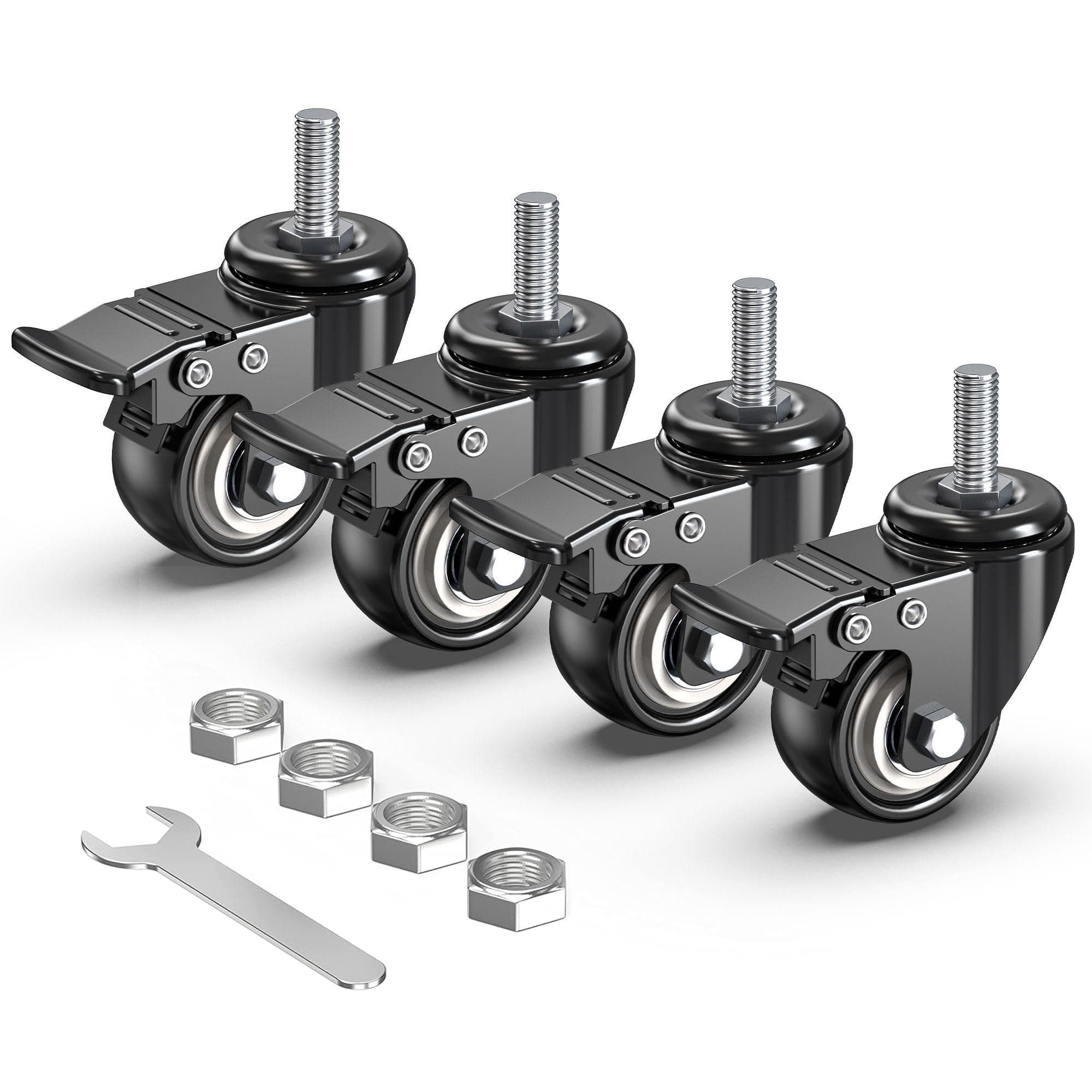 HOLKIE Stem Caster Wheels 2 inch Total Locking Casters Set of 4, Threaded Stem 3/8" -16 x 1 (Diameter 3/8", Length 1") Swivel Heavy Duty Castors Black