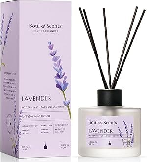 Soul & Scents Glass 120ml Lavender Reed Diffuser Set | Free 6 Fiber Reed Sticks | Stress Relief & Aromatherapy | Long-Lasting, Smoke-Free Air Freshener for Home, Bedroom & Office | Ideal for Gifting