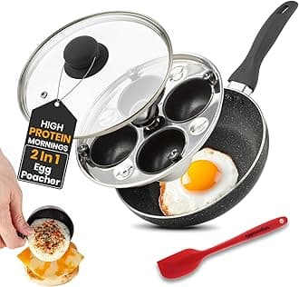 Eggssentials 2 IN 1 Egg Pan & Poacher, Granite Nonstick Fry Pan with Lid, Poached Egg Maker - 4 Cups