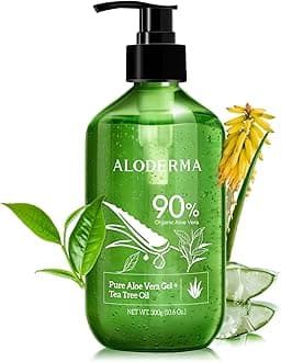 Aloderma Aloe Vera Gel + Tea Tree Oil, Made within 12 Hours of Harvest with 90% Organic Aloe Vera, Multipurpose Use for After Sun, Hair, Scalp, and Face or Shaving Gel & Aftershave - 10.6Oz