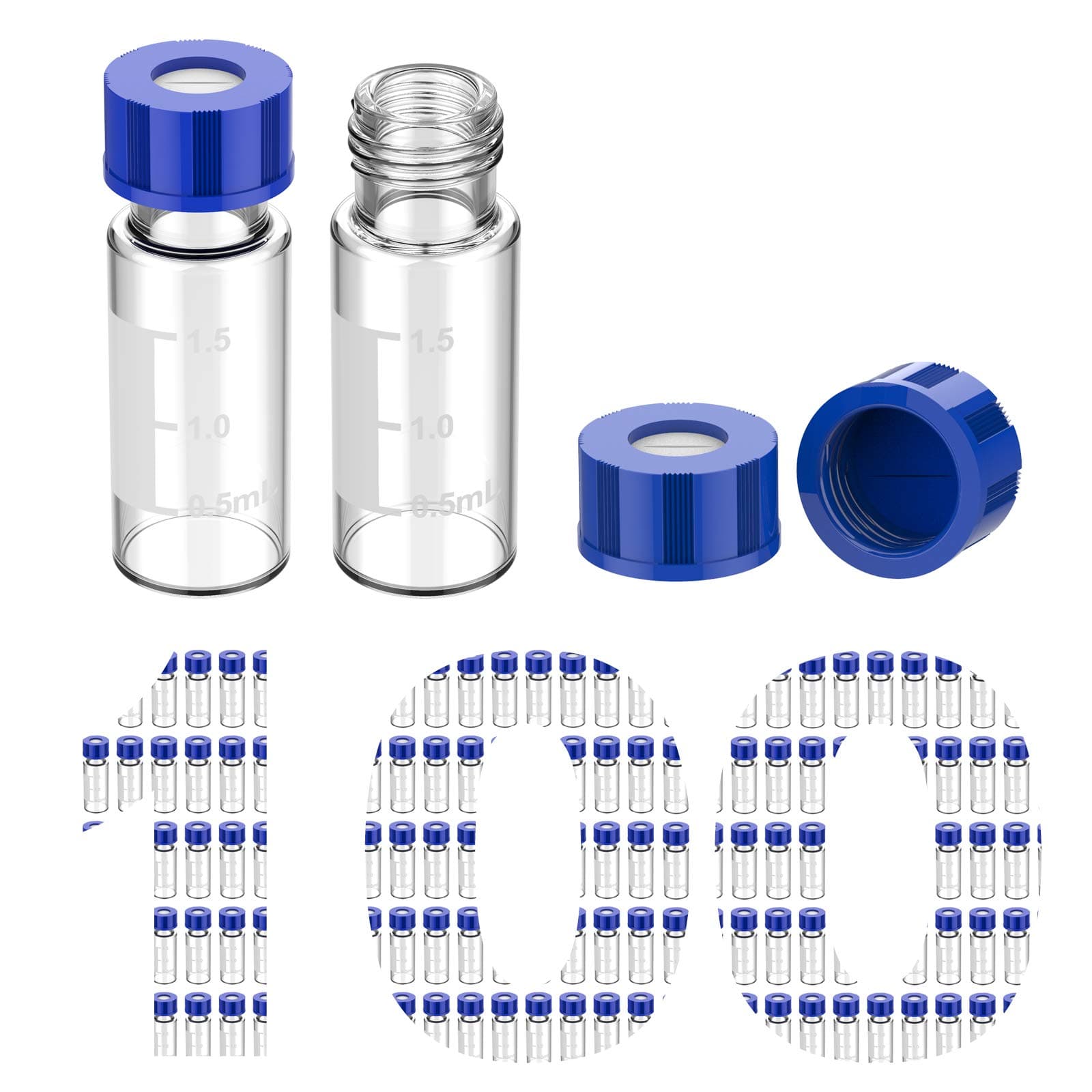 Membrane Solutions 100 Pcs Autosampler Vials, 2Ml Hplc Sample 9-425 Vial Clear Glass Bottles With Write-On Spot, Graduations, 9Mm Blue Abs Screw Caps & Septa For Gc Vials