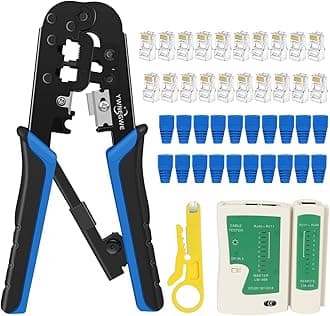 RJ45 Crimping Tool Kit Ethernet Crimp Set, RJ-11, 6P/RJ-12, 8P/RJ-45 Crimp, Cut and Strip with 20PCS CAT5 CAT5e Connectors, Covers,1 Network Cable Tester 1 Wire Stripper