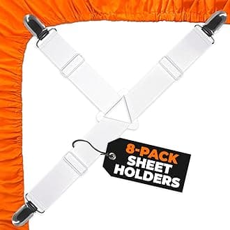 5 STARS UNITED Bed Sheet Straps Set | Easy to Use Adjustable Elastic Fasteners with Metal Clips | Sheet Holders for Corners | Fitted Sheet Clips to Hold Sheets in Place | (8 Pcs White)