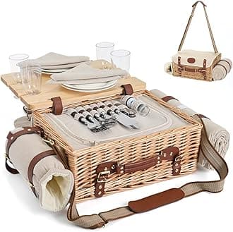 Mutifunctional Wicker Picnic Basket Set for 4 with Blanket and Picnic Table, Insulated Picnic Set with Full Tablewares for Camping Outdoor Couples,Natural
