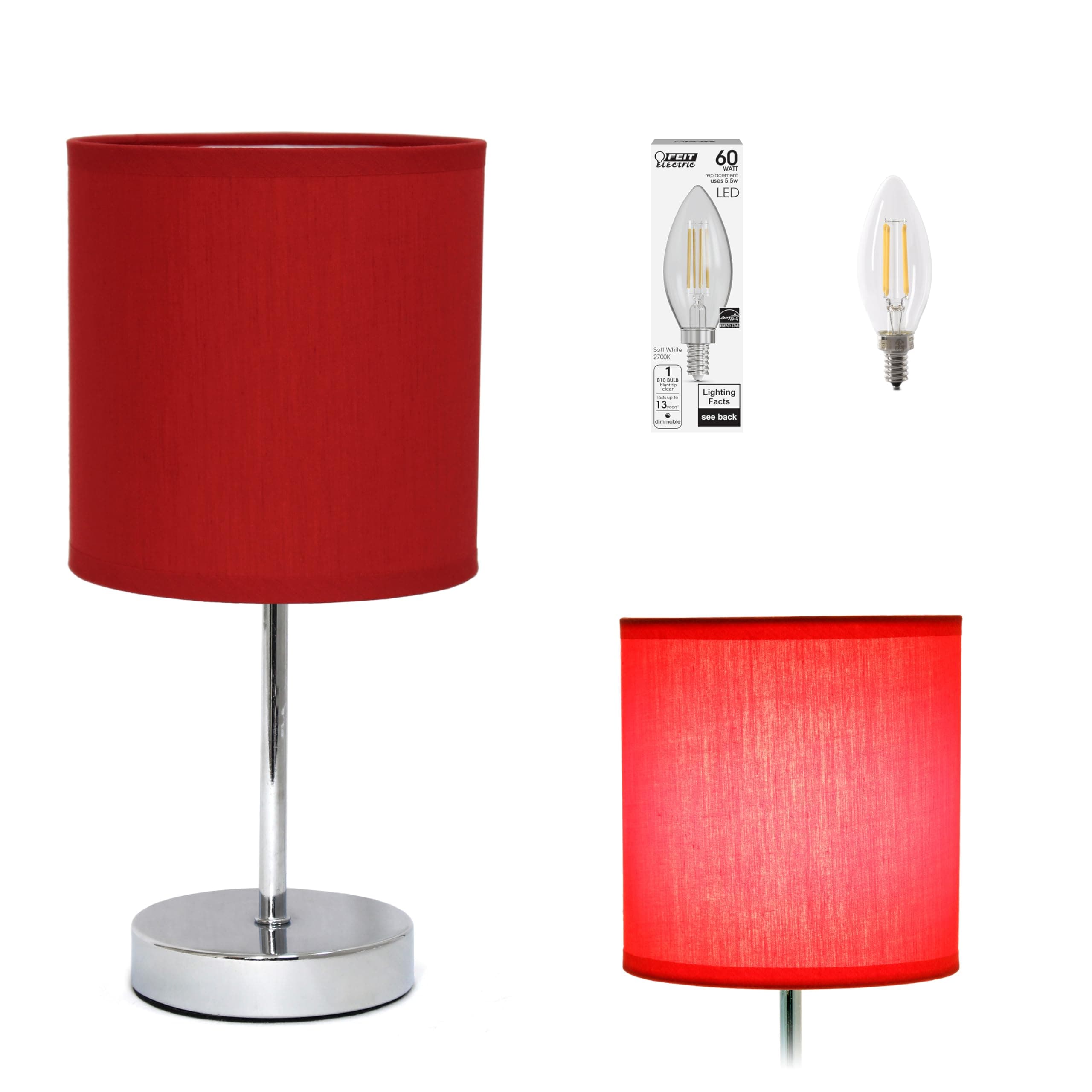 Simple Designs LT2007-RED-LB Basic Chrome Mini Table Lamp for Living Room, Nightstand, Desk, Countertop, Red, with Feit LED Bulb Included