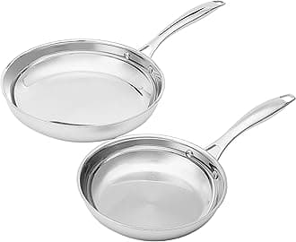 Amazon Basics 2-Piece Stainless Steel Induction Frying Pan Set, Oven Safe, Riveted Handle, Heat Distributes Evenly, 8-inch & 10-inch, Silver