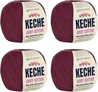 Keche Cotton Yarn, 60% Cotton 40% Acrylic Yarn, Soft Cotton Yarn for Crochet and Knitting, Amigurumi Yarn 4 Skeins/Balls [1.76 Oz (50g) / 180 Yrds (165m)] x 4 - Claret Red