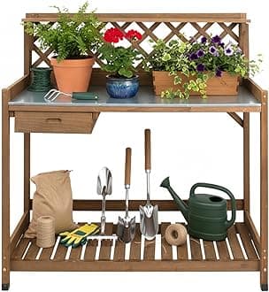 Ketive Garden Potting Bench with Metal Tabletop,Outdoor Potting Table Workstation Benches with Drawer/Storage Shelf，Fir Wood Potting Station Work Table with Open Shelf,Lattice Back (Brown)
