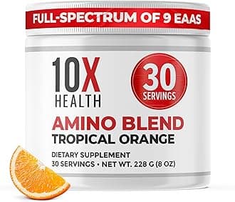 10X Health Amino Acids - 30 Servings of EAA & BCAA Powder, Pre Workout BCAA with Essential Amino Acids Supplement - BCAAs & EAAs for Longevity, Muscle Support, Strength, Energy - Tropical Orange