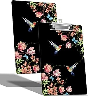 A4 Size Clipboard with Hanging Hook and Low Profile Clip, Plastic Nurse Clipboard Writing Drawing Board with Double-Sided Hummingbird Floral Sakura Print for Woman Kids Office School Use