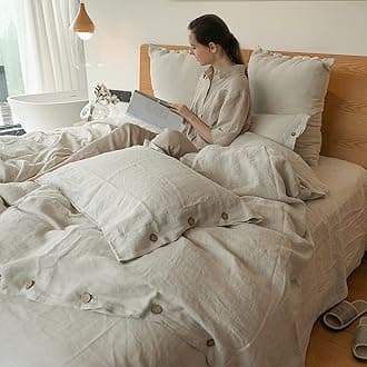 Simple&Opulence 100% Linen Duvet Cover Set 3pcs with Coconut Button Closure Natural French Washed Flax Solid Color Soft Breathable Farmhouse Bedding - Linen, Full Size