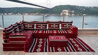 Oriental Floor Seating, Maroon Floor Sofa Seating Set, Corner Arabic Sofa, Floor Cushions, Arabic Furtiture, Arabic Majlis, Moroccan Jalsa (L Sofa + Rug + Pillows)