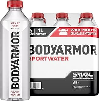 BODYARMOR SportWater Alkaline Water, High Alkaline Bottled Water, pH 9+, 1 Liter (6 Pack), Refreshing Electrolyte Water Pack, Wide Mouth Bottle