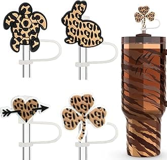 Straw Toppers - 4PCs Silicone Straw Cover caps for Stanley Cup, Fits 10mm Straws, Leopard Print & Bunny Turtle Heart Shamrock Designs, Stylish Stanley Cup Accessory